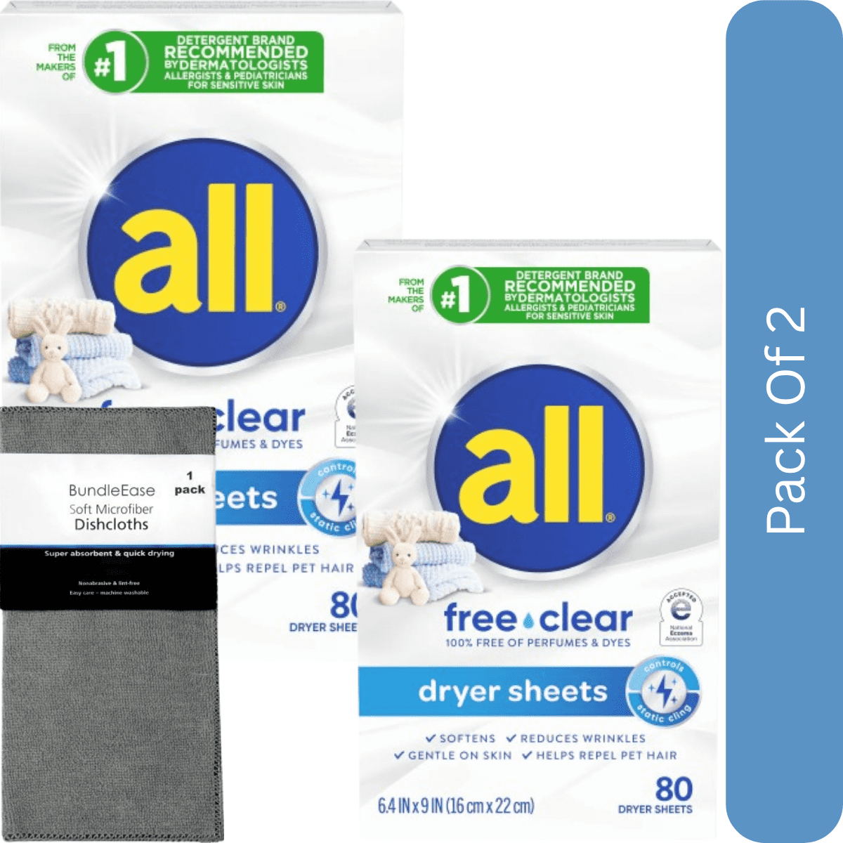 all Free Clear Sensitive Skin Fabric Softener Dryer Sheets, Unscented, 80 Ct with Microfiber Solid Color Towel by BundleEase