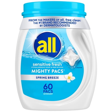 all Sensitive Fresh Mighty Pacs Laundry Detergent Pacs, Hypoallergenic Spring Breeze Scent, Gentle for Sensitive Skin, 60 Count, HE Compatible