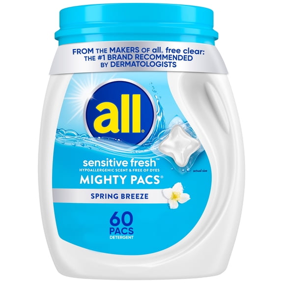 all Sensitive Fresh Mighty Pacs Laundry Detergent Pacs, Hypoallergenic Spring Breeze Scent, Gentle for Sensitive Skin, 60 Count, HE Compatible