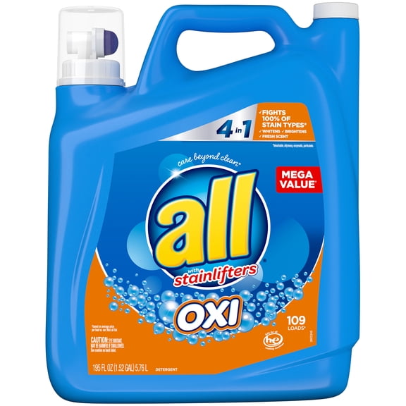 all Liquid Laundry Detergent with OXI Stain Removers and Whiteners, 195 Ounce, 109 Loads