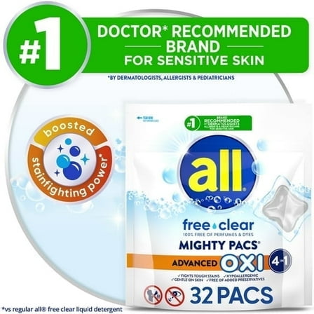 all Laundry Detergent Pacs, Mighty Pacs with OXI Stain Removers and Whiteners, Free Clear, Unscented and Dye Free, 32 Count (2 Pack)