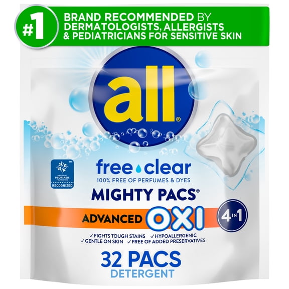 all free clear MIGHTY PACS Advanced OXI Laundry Detergent Pacs for Sensitive Skin, 32 Count