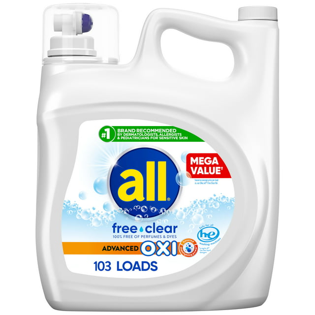 all Liquid Laundry Detergent with Advanced OXI Stain Removers and Whiteners, Free Clear, 184.5 Ounce, 103 Loads