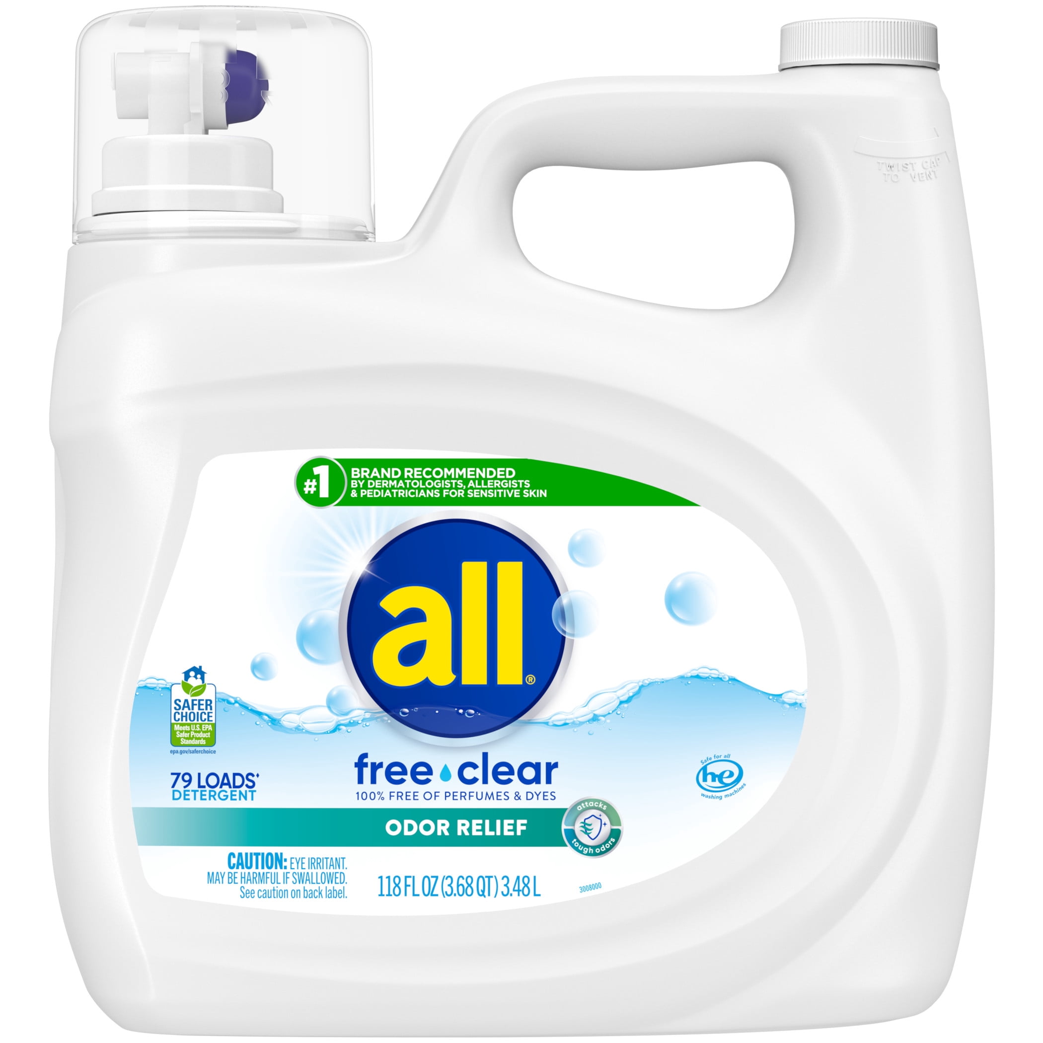 all Free Clear Liquid Laundry Detergent, Odor Relief, 118 oz, 79 Loads