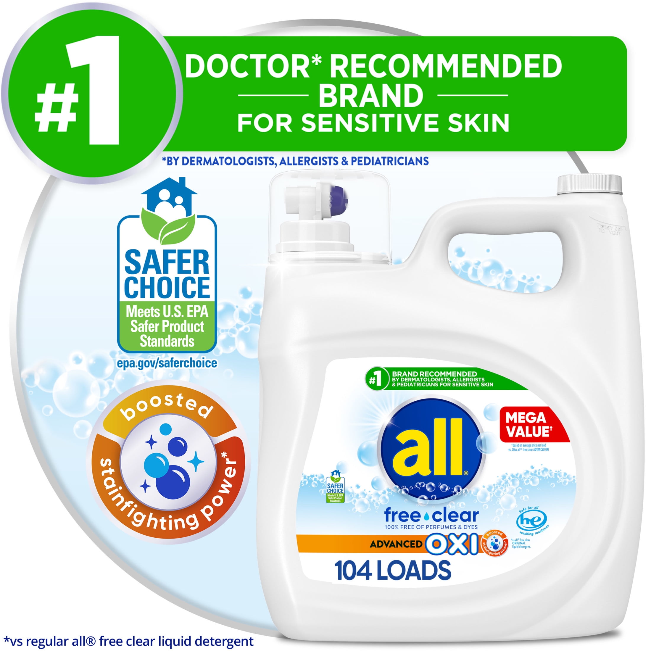 all Free Clear Liquid Laundry Detergent, Oxi, 154oz, 103 Loads