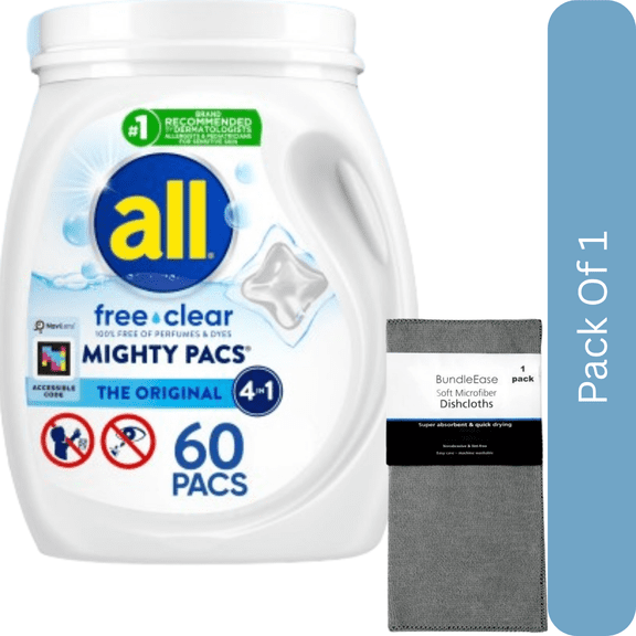 all Mighty Pacs Free Clear Laundry Detergent Pacs, Sensitive Skin, Unscented & Dye-Free, 60 Count with Microfiber Solid Color Towel by BundleEase
