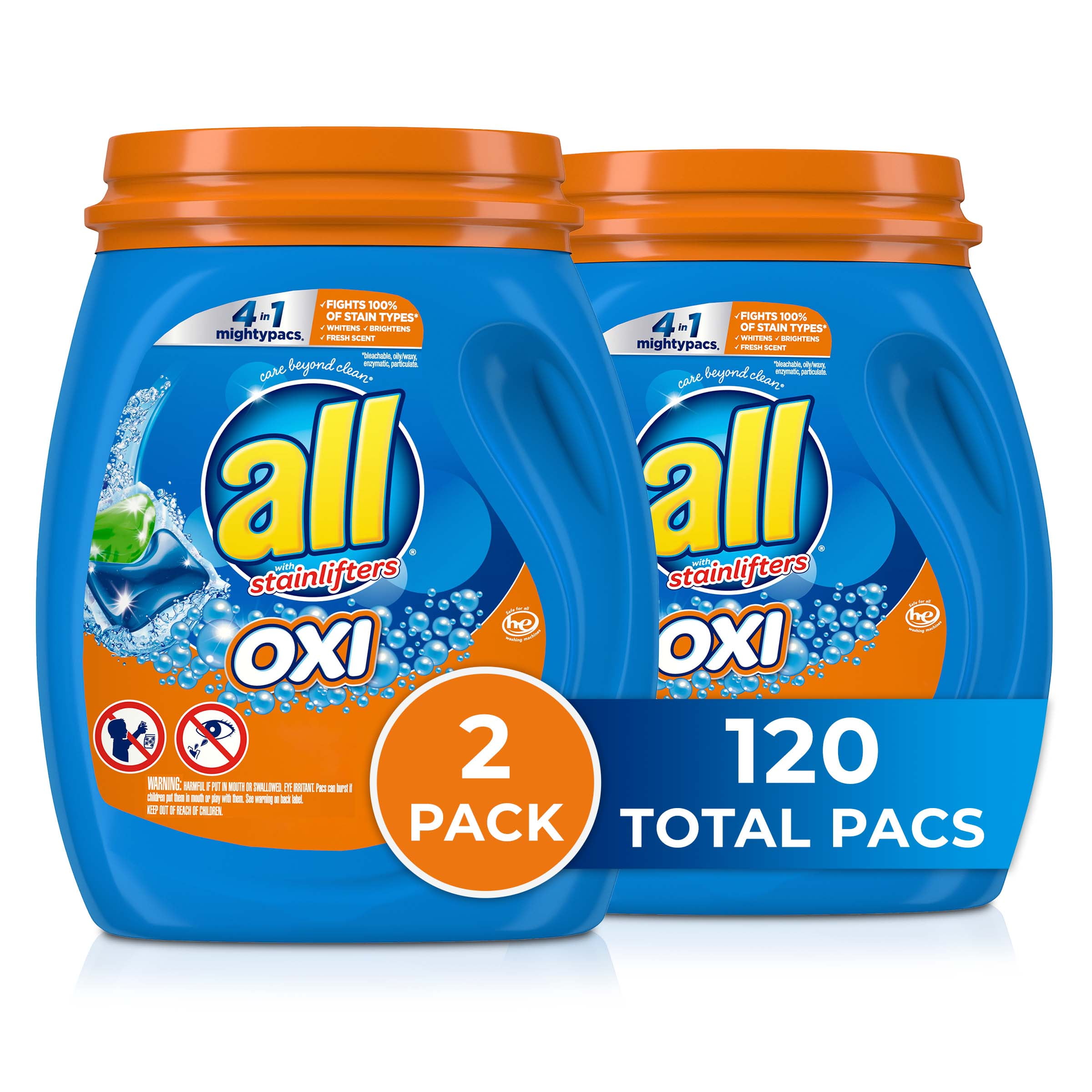 all Mighty Pacs Laundry Detergent, 4 in 1 with OXI Whiteners, 60 Count, Pack of 2 Tubs, 120