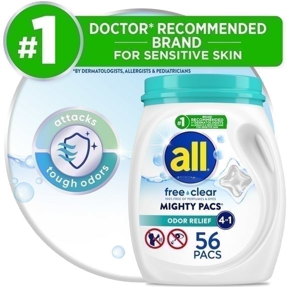 all Mighty Pacs Laundry Detergent, Free Clear Odor Relief, Tub, 56 Count (2 Pack)