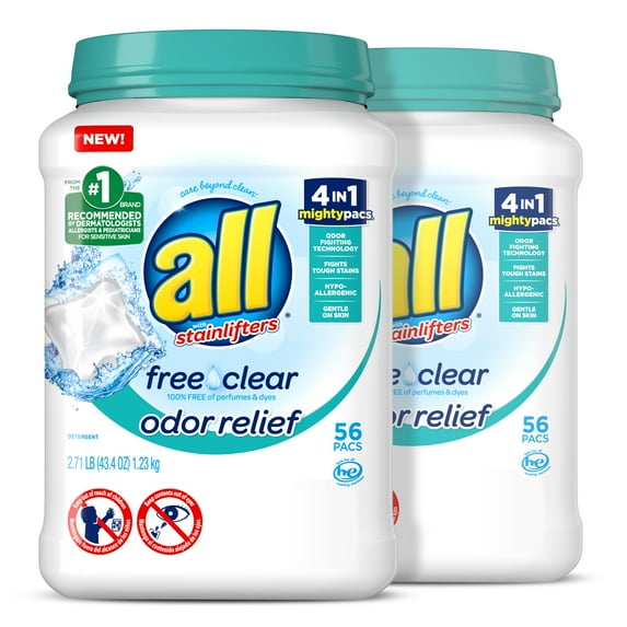 all Mighty Pacs Laundry Detergent, Free Clear Odor Relief, Tub, 56 Count, Pack of 2, 112 Total Loads
