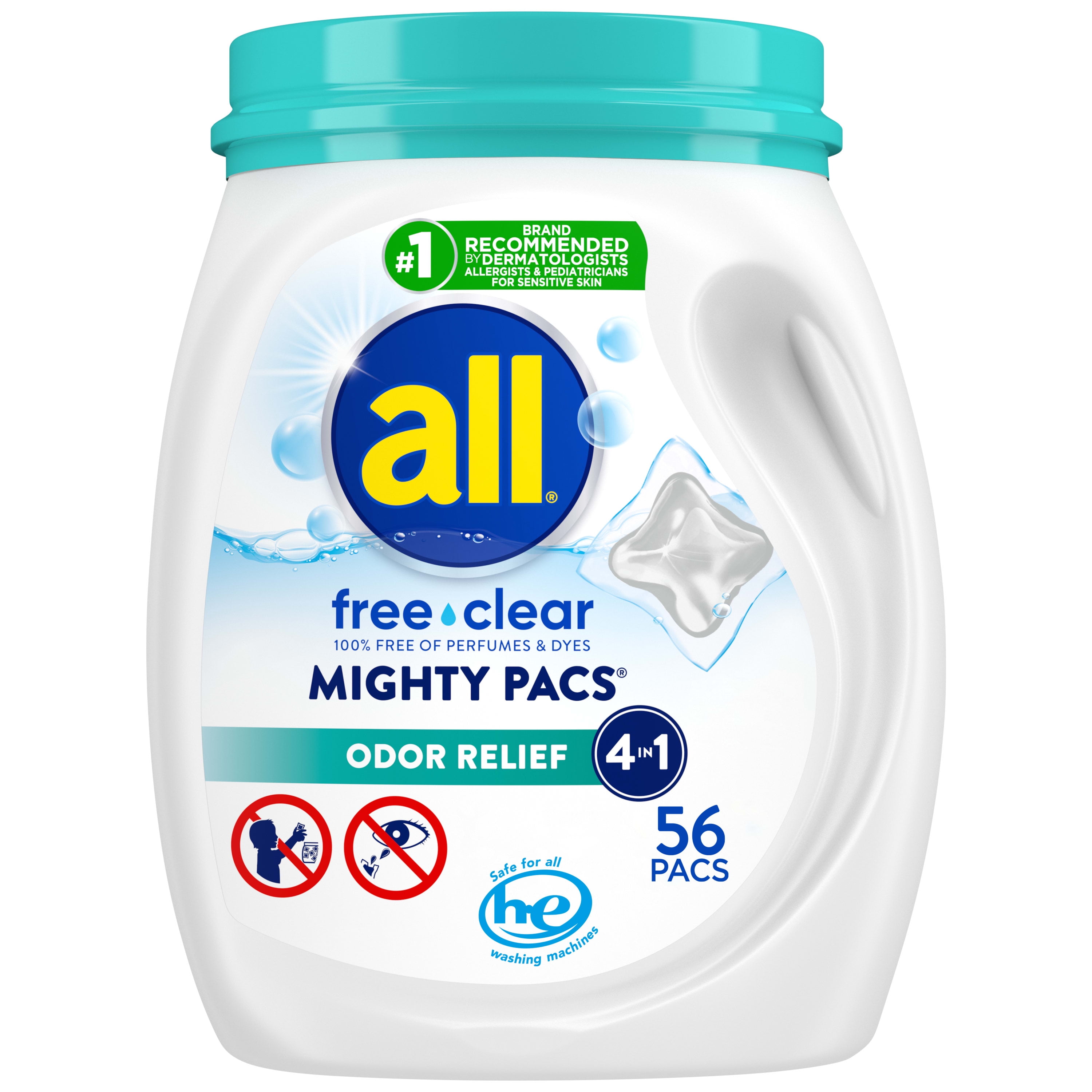all Mighty Pacs Laundry Detergent, Free Clear Odor Relief, Tub, 56