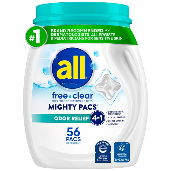 all free clear MIGHTY PACS Odor Relief Laundry Detergent Pacs for Sensitive Skin, 56 Count