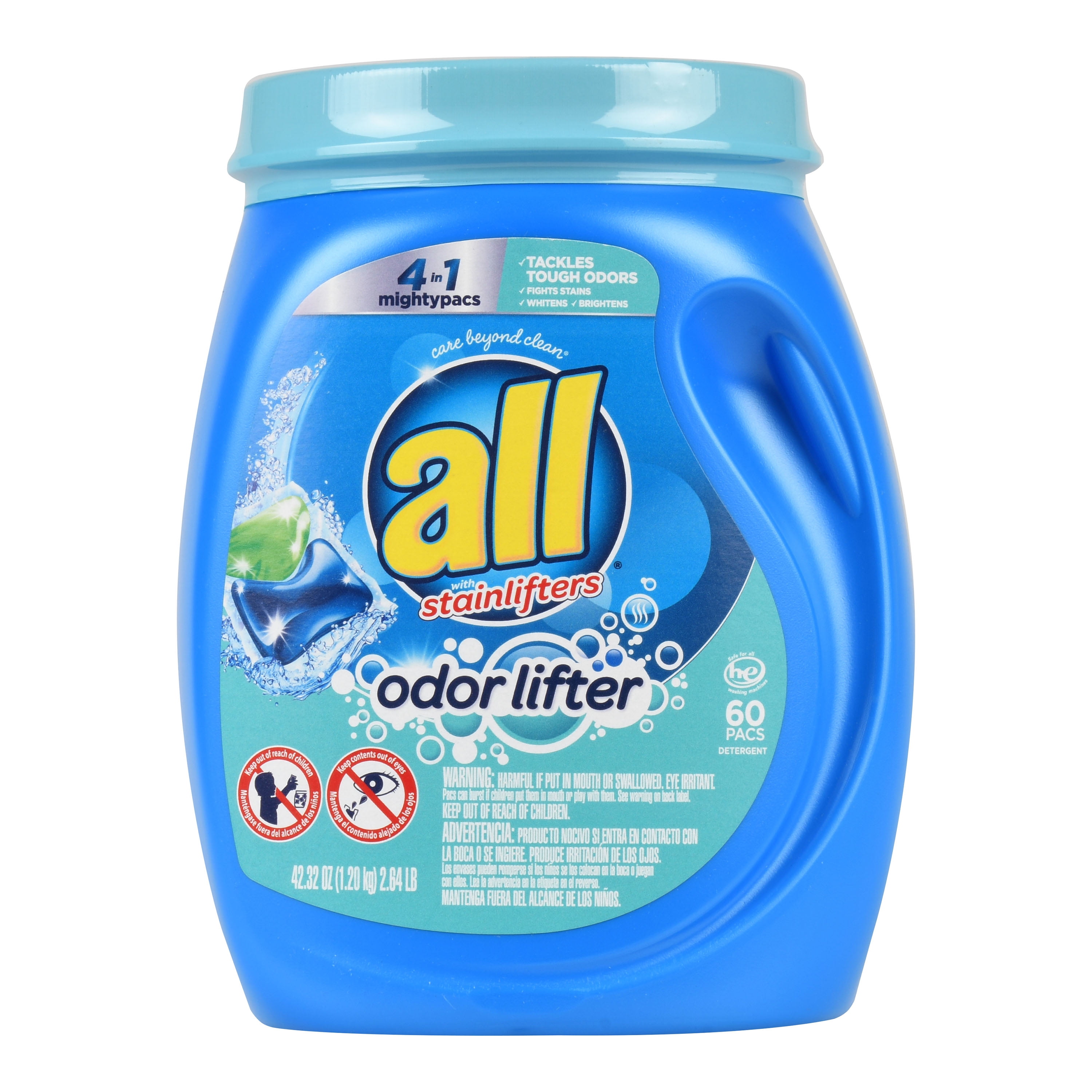 all Mighty Pacs Laundry Detergent, Odor Lifter, Tackles Tough Odors for Sporty Families, Tub, 60 Count
