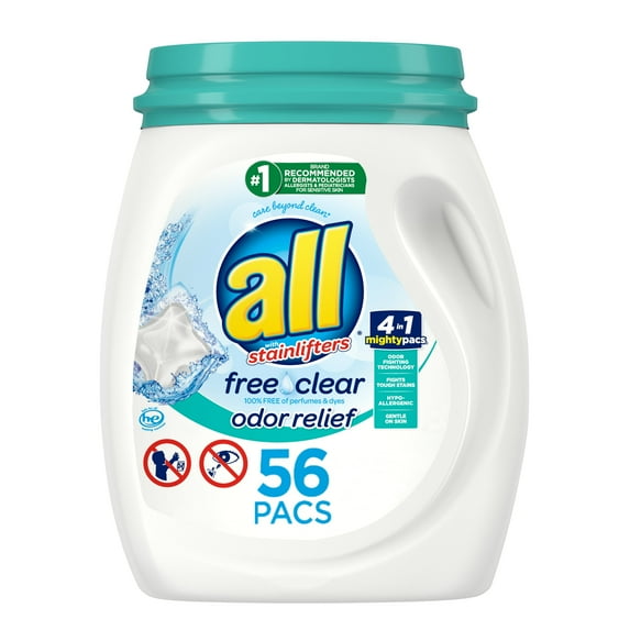 all Mighty Pacs Laundry Detergent Pacs, 56 Count, Free Clear Odor Relief, Tub