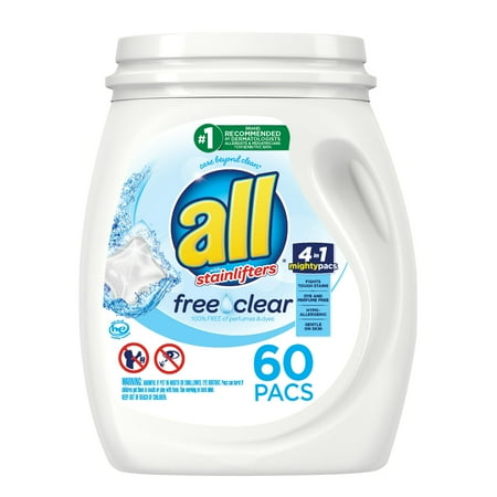 all Mighty Pacs Laundry Detergent Pacs, 60 Count, Free Clear for Sensitive Skin, Tub