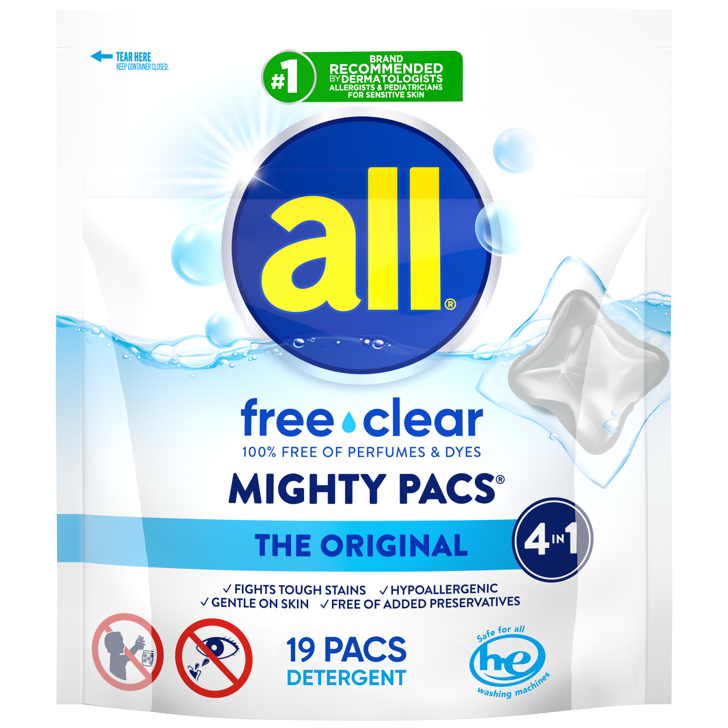all Mighty Pacs Laundry Detergent Pacs, Free Clear for Sensitive Skin, Unscented and Dye Free, 19 Count - image 1 of 10