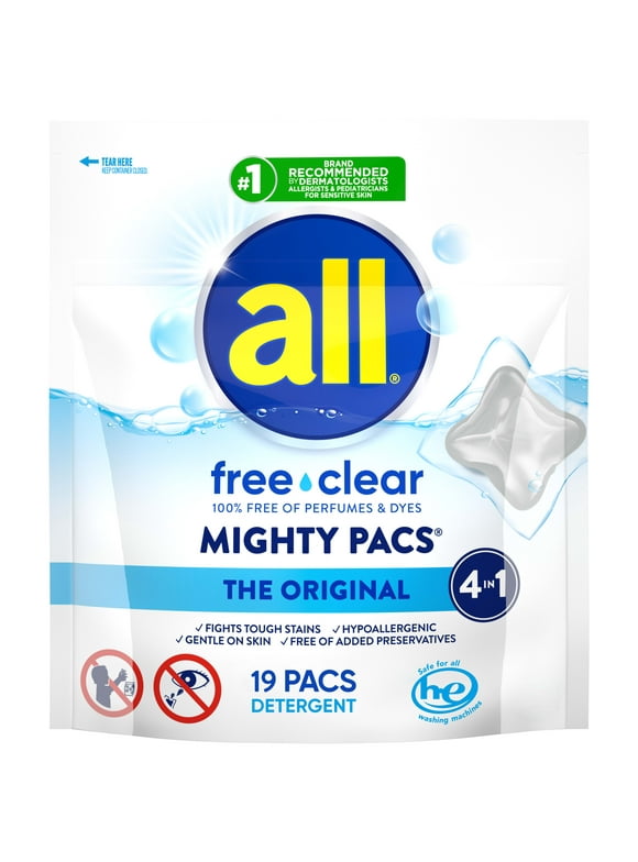 all Mighty Pacs Laundry Detergent Pacs, Free Clear for Sensitive Skin, Unscented and Dye Free, 19 Count