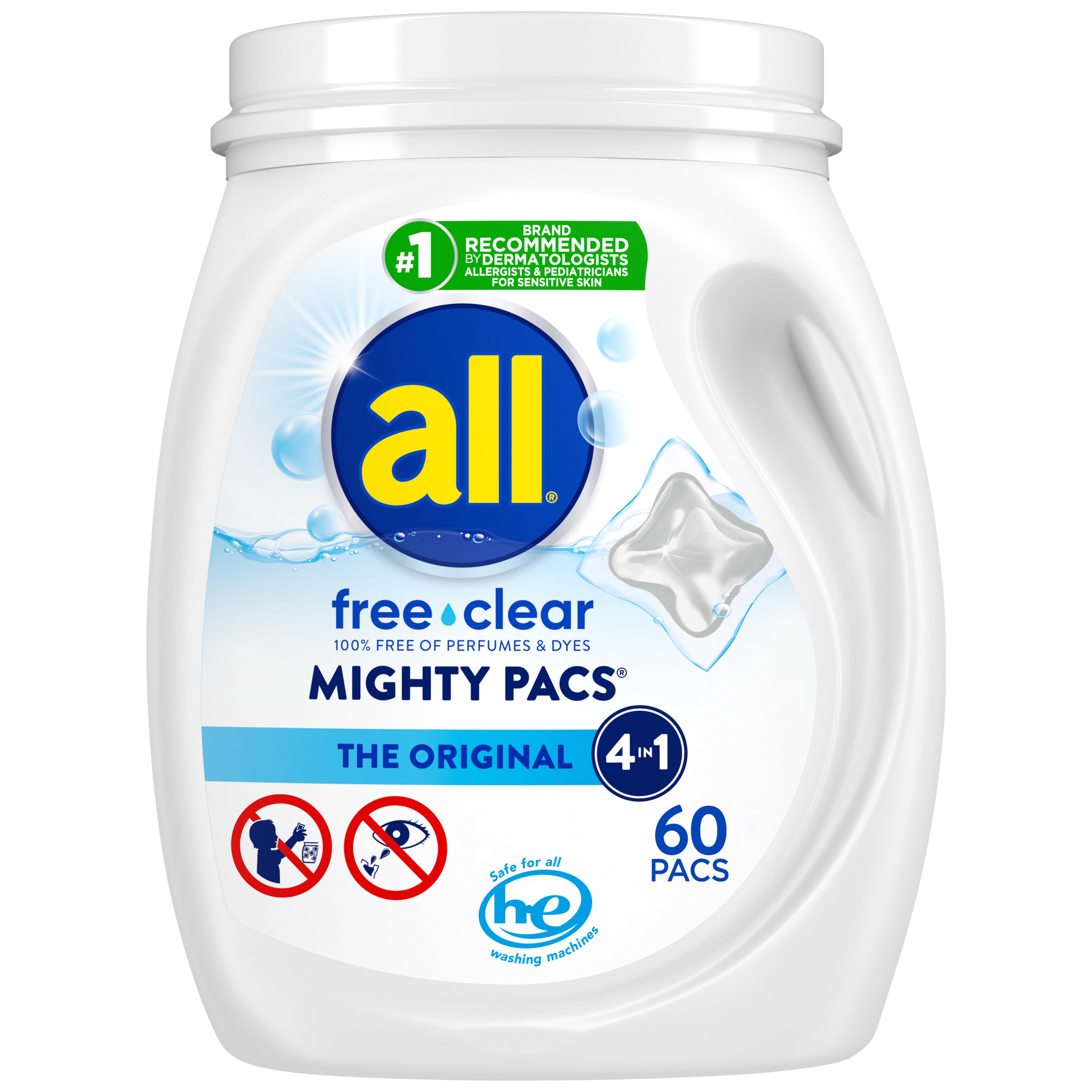 all Mighty Pacs Laundry Detergent Pacs, Free Clear for Sensitive Skin, Unscented and Dye Free, 60 Count - image 1 of 10