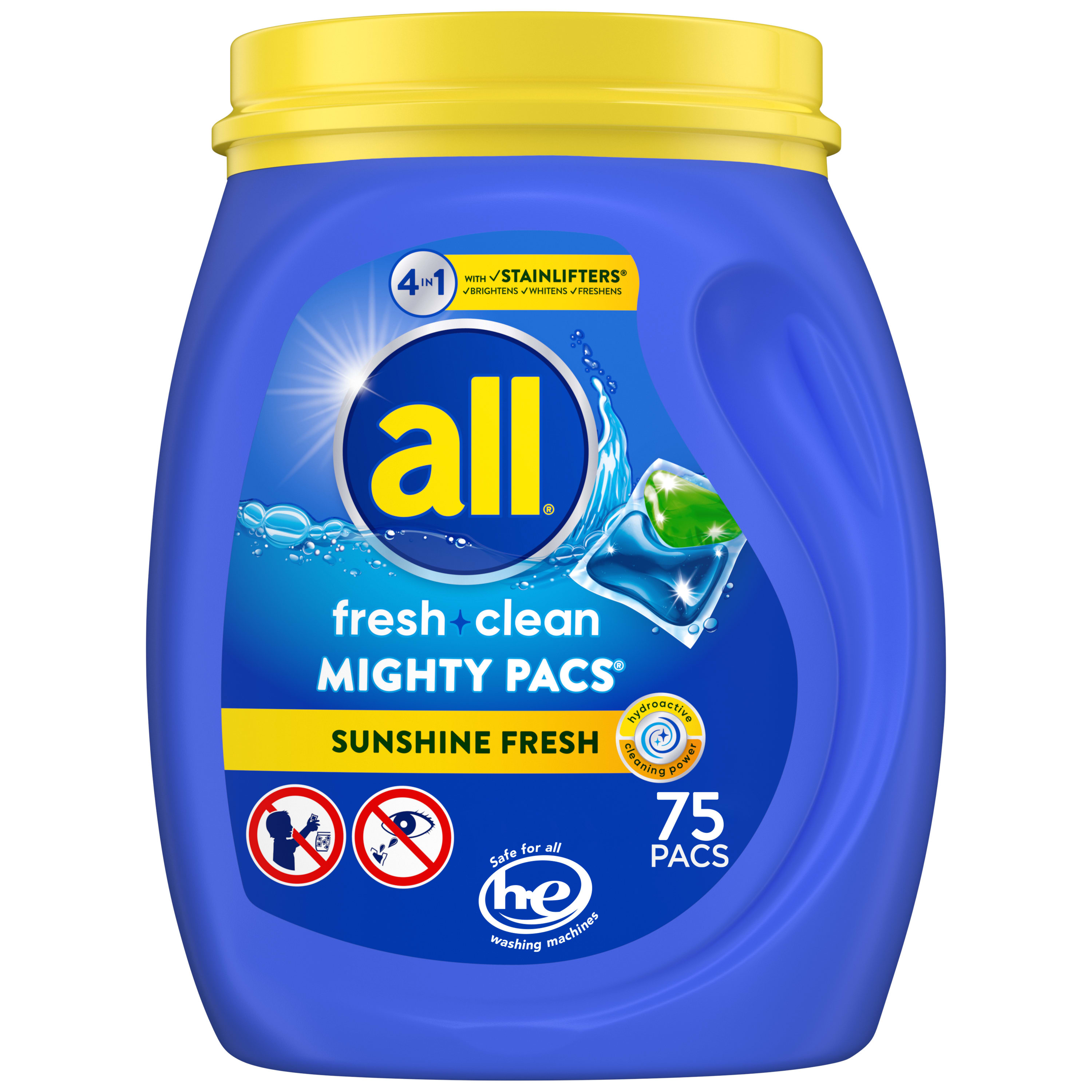 all Mighty Pacs Laundry Detergent Pacs, Fresh Clean 4 in 1 with Stainlifters, Sunshine Fresh, 75 Count - image 1 of 6