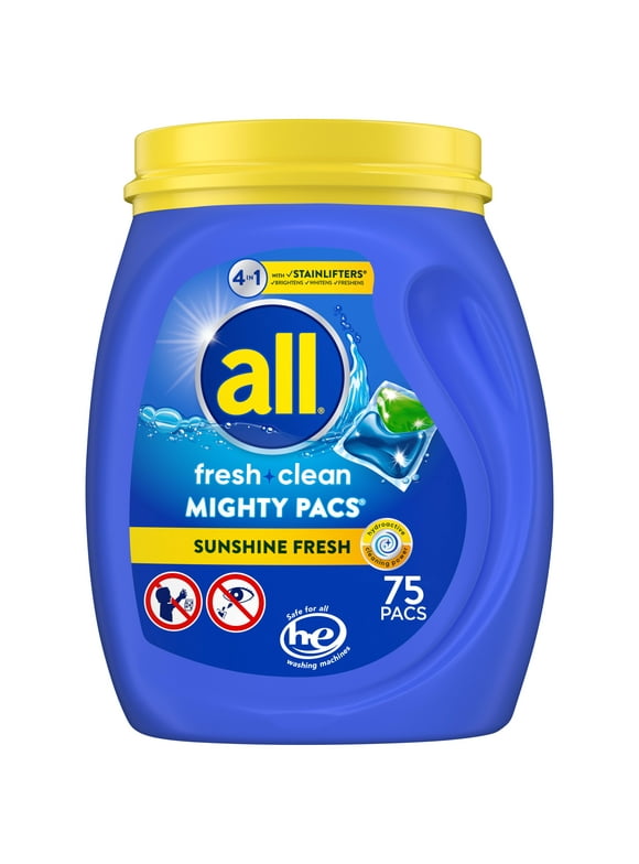 all Mighty Pacs Laundry Detergent Pacs, Fresh Clean 4 in 1 with Stainlifters, Sunshine Fresh, 75 Count