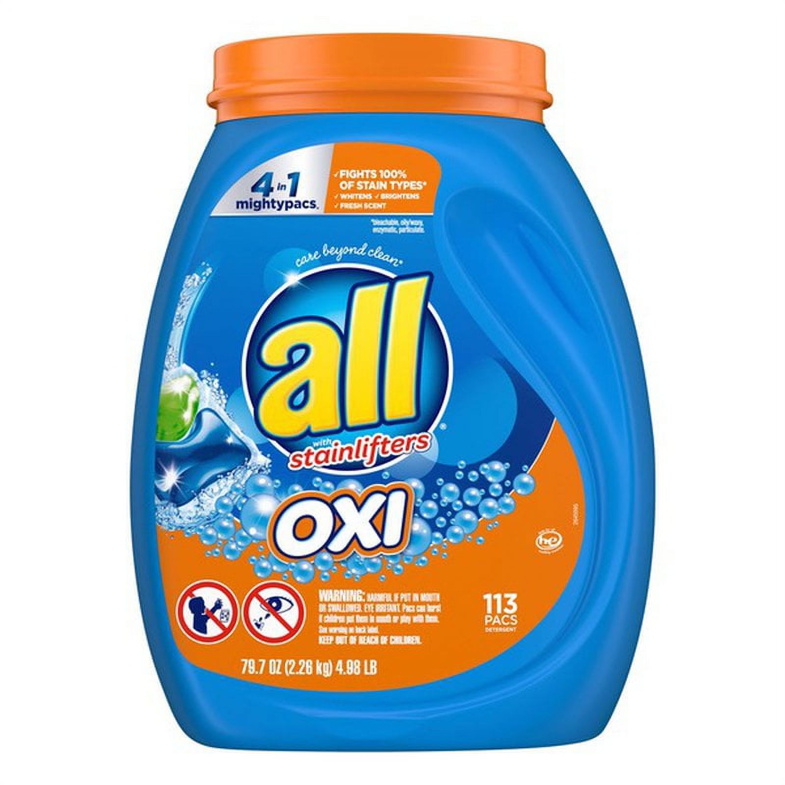all OXI Mighty Pacs Laundry Detergent, 4 in 1 with OXI Stain Removers