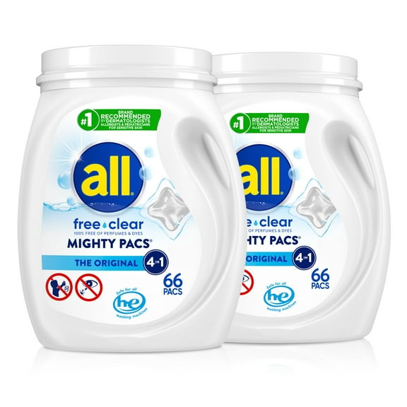 all Unit Dose Laundry Detergent, Mighty Pacs, Free Clear, 132 Count
