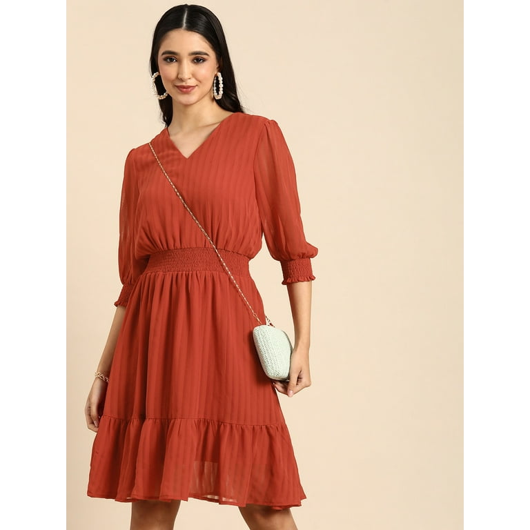 all about you - By Myntra Women Rust Self-Design Striped Party Wear Dresses  Fit & Flare 3/4 Sleeves Knee Length Polyester V-Neck Ready to Wear Dress