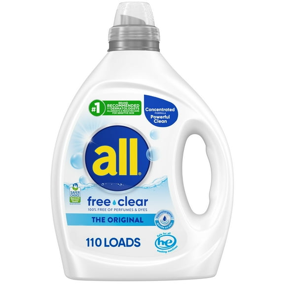 all free clear, Original, Liquid Laundry AIS1Detergent for Sensitive Skin, Unscented and Hypoallergenic, Concentrated, 82.5oz, 110 Loads