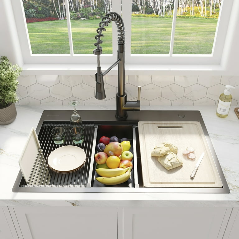 All-in-One Matte Black Finished Stainless Steel 30 in. x 22 in. Single Bowl Drop-in Kitchen Sink with Pull-down Faucet All-in-One Matte Black Finished Stainless Steel 30 in. x 22 in. Single Bowl Drop-in Kitchen Sink with Pull-down Faucet
