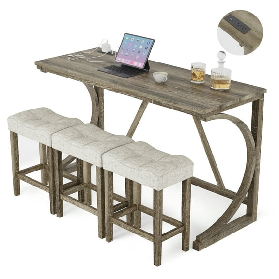 allamazing 4-Piece Counter High Bar Table Set with Socket and 3 Fabric Padded Bar Stools, Tall Kitchen Breakfast Dining Table Set with Stools