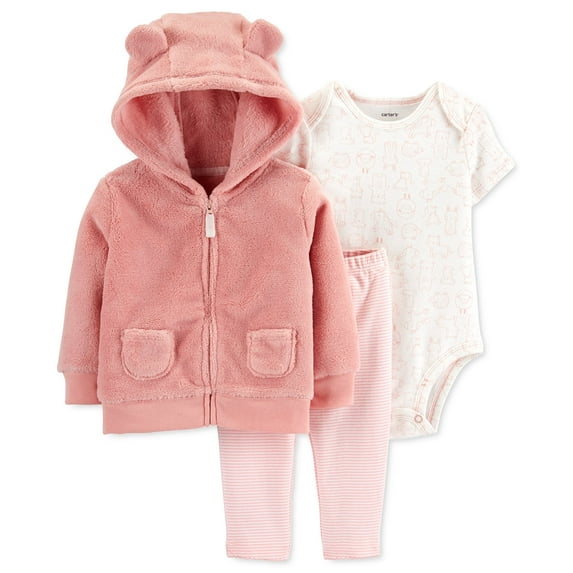 allbrand365 Designer Infant Girls Faux fur Hoodie Bodysuit And Pants Set 3 Piece Set