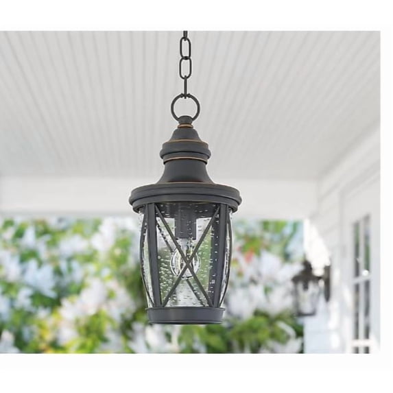 allen + roth Castine Bronze Craftsman Seeded Glass Lantern Led Medium Outdoor Hanging Pendant Light