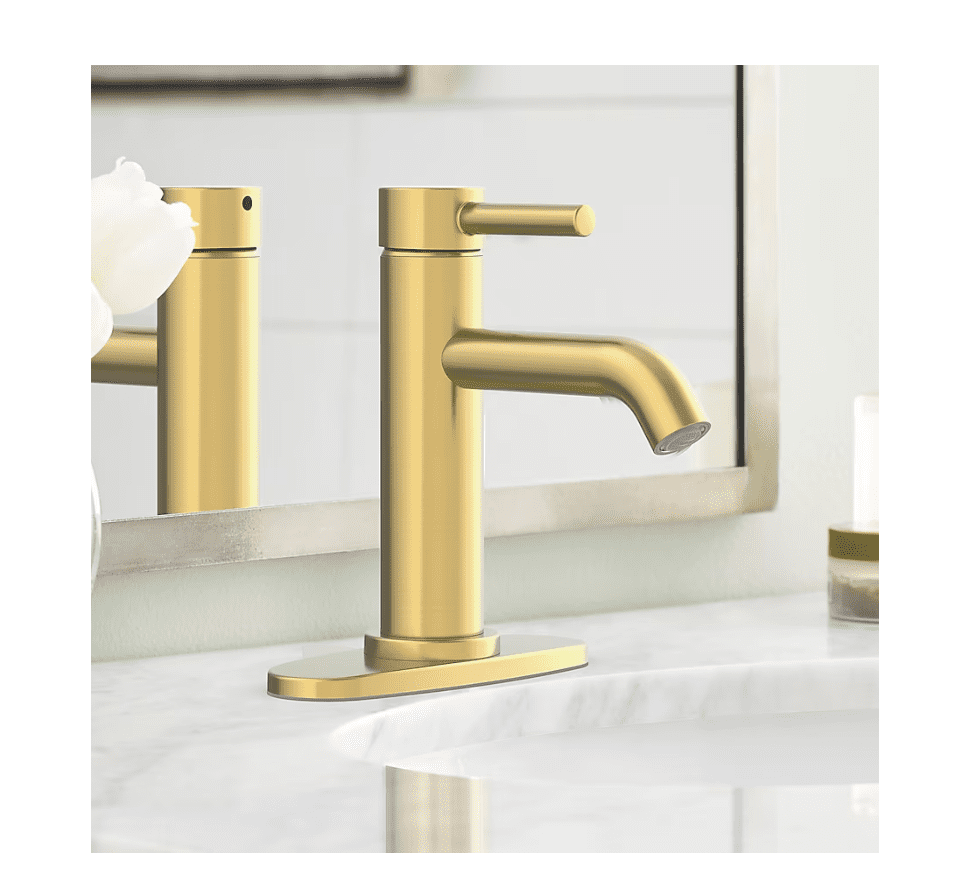 allen + roth Harlow Brushed Gold Single hole 1-handle WaterSense Mid-arc Residential Handle Bathroom Sink Faucet with Drain with Deck Plate