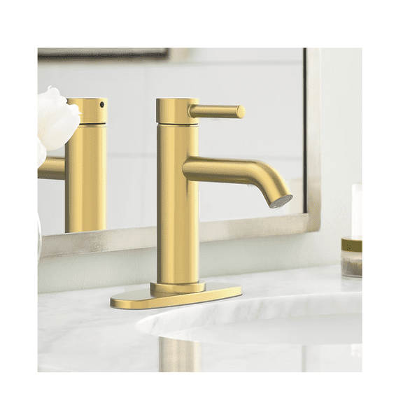 allen + roth Harlow Brushed Gold Single hole 1-handle WaterSense Mid-arc Residential Handle Bathroom Sink Faucet with Drain with Deck Plate