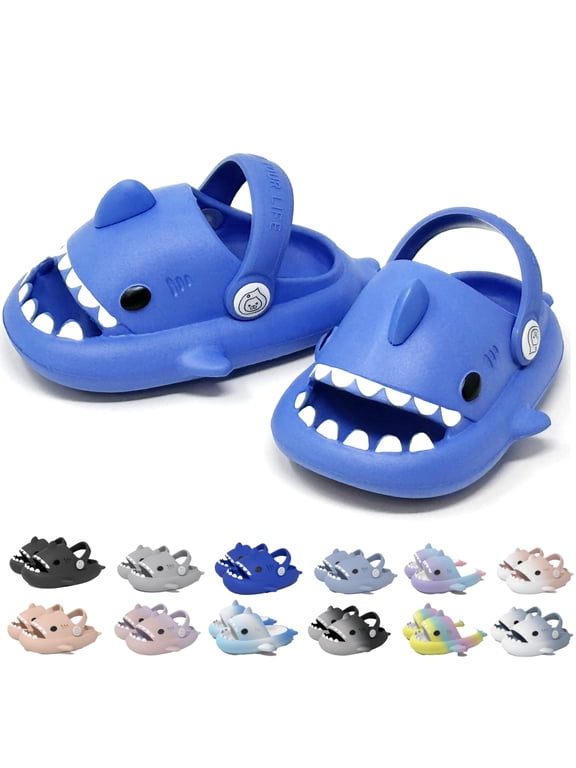 Shark Slides Slippers with Backstrap Non-Slip Novelty Open Toe Sandals for Boys Girl Indoor Outdoor Comfy Cushioned Thick Sole Cute Cartoon Shower Slippers Beach Pool Shoes- Royal Blue