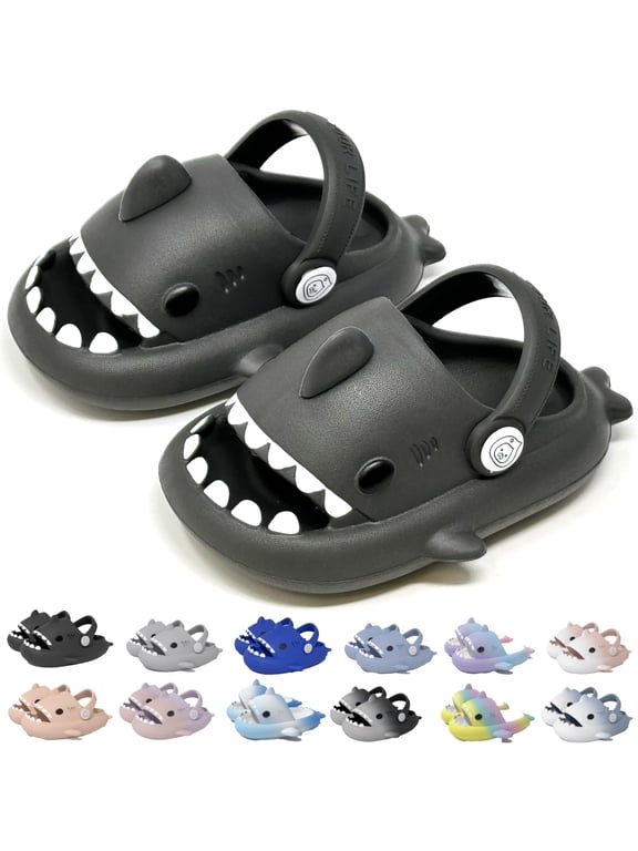 Shark Slides Slippers with Backstrap Non-Slip Novelty Open Toe Sandals for Boys Girl Indoor Outdoor Comfy Cushioned Thick Sole Cute Cartoon Shower Slippers Beach Pool Shoes- Dark Grey