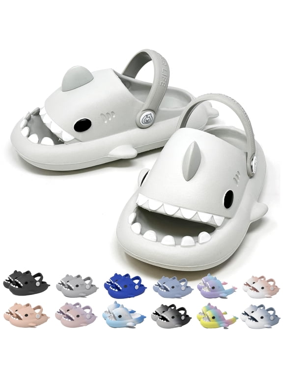 Shark Slides Slippers with Backstrap Non-Slip Novelty Open Toe Sandals for Boys Girl Indoor Outdoor Comfy Cushioned Thick Sole Cute Cartoon Shower Slippers Beach Pool Shoes- Light Grey