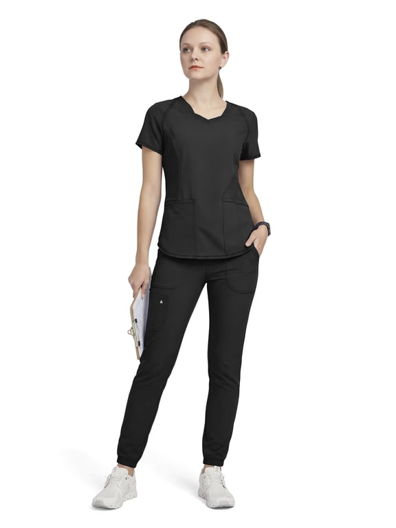 Scrubs For Women Set Layered V-Neck Top & Mid Rise Pull-On Jogger Scrub Pant, 6 Pockets Medical Uniform, M, Black