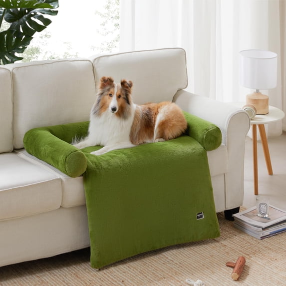allisandro Calming Furniture Protector Dog Bed with Soft Neck Bolster, Waterproof Faux Fur Couch Cover with Removable Cover, 32 x 30 x 5 Inches, Green