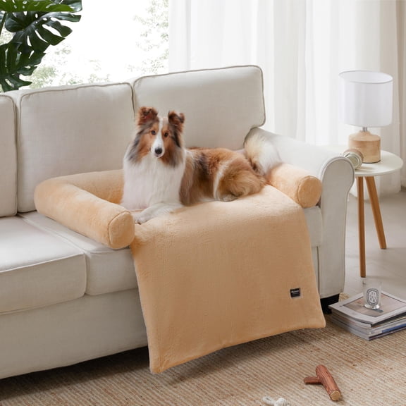 allisandro Calming Furniture Protector Dog Bed with Soft Neck Bolster, Waterproof Faux Fur Couch Cover with Removable Cover, 32 x 30 x 5 Inches, Light Brown