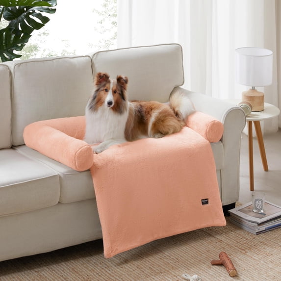 allisandro Calming Furniture Protector Dog Bed with Soft Neck Bolster, Waterproof Faux Fur Couch Cover with Removable Cover, 32 x 30 x 5 Inches, Light Orange