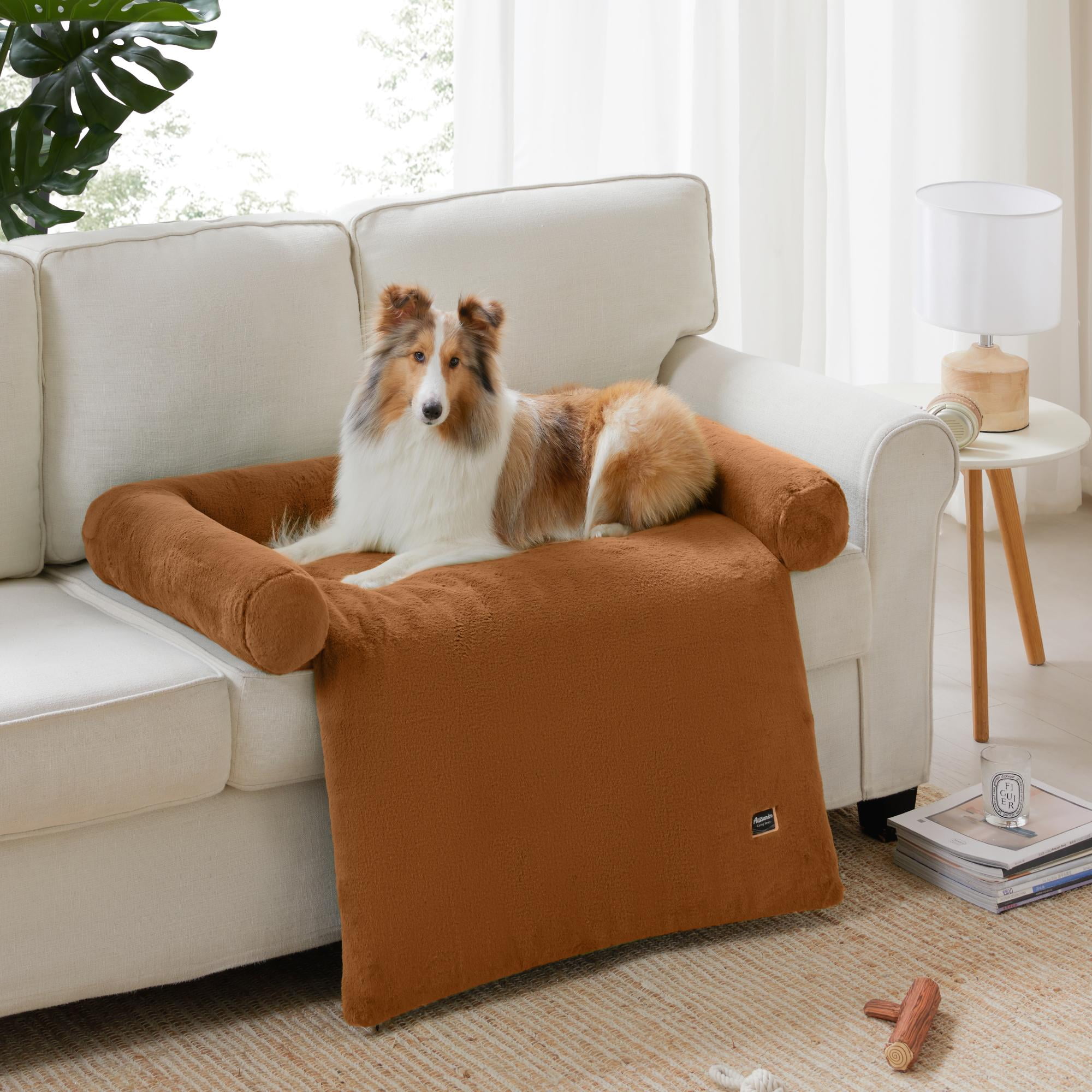 allisandro Calming Furniture Protector Dog Bed with Soft Neck Bolster, Waterproof Faux Fur Couch Cover with Removable Cover, 42 x 38 x 5 Inches, Chestnut Brown