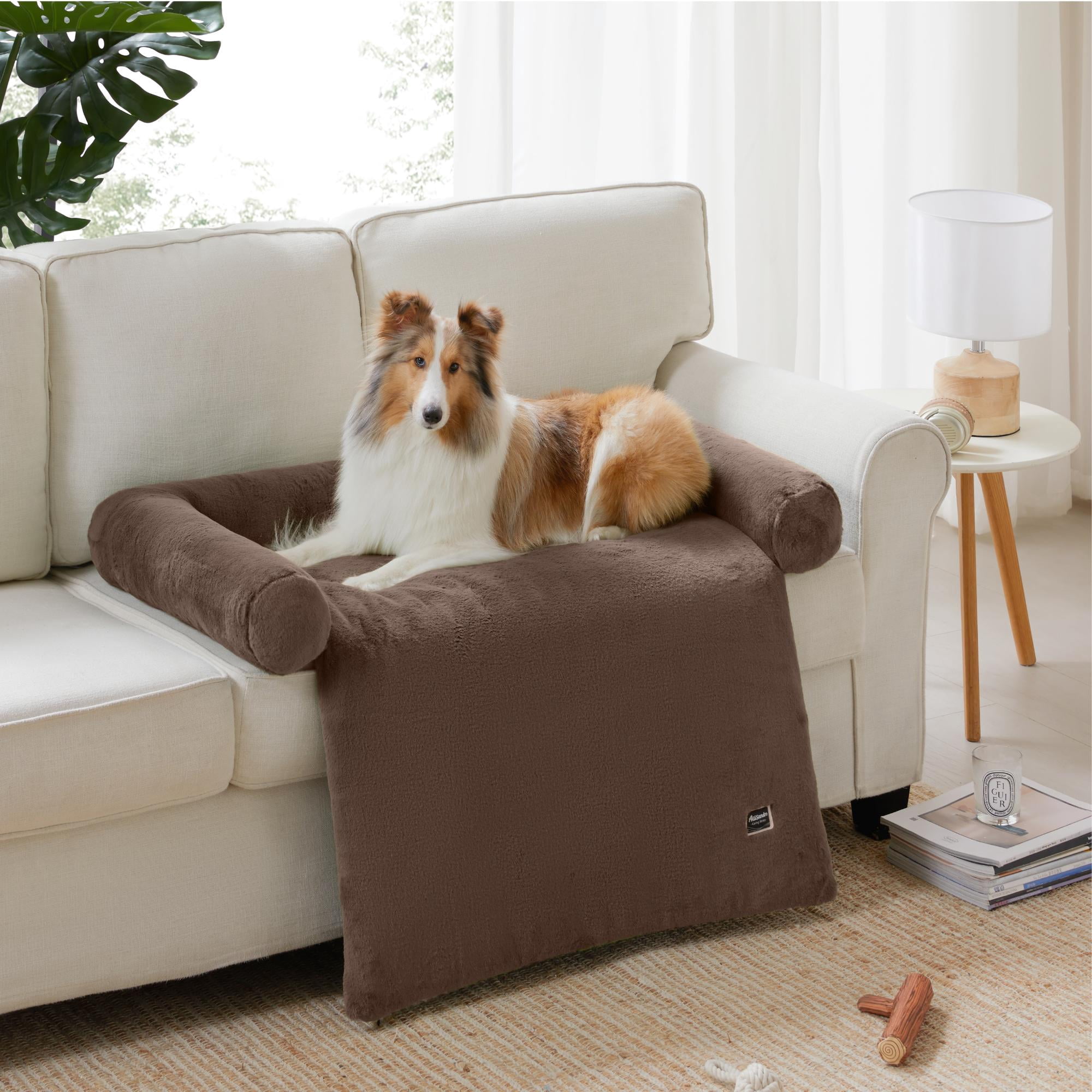 allisandro Calming Furniture Protector Dog Bed with Soft Neck Bolster, Waterproof Faux Fur Couch Cover with Removable Cover, 45 x 40 x 5 Inches, Bear Brown