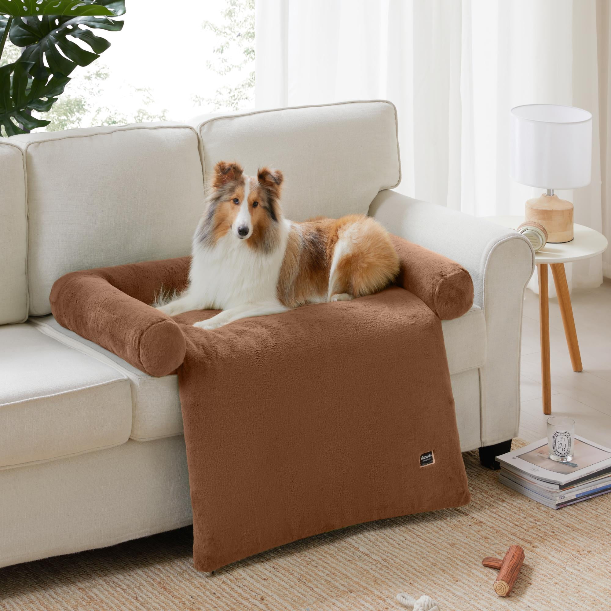 allisandro Calming Furniture Protector Dog Bed with Soft Neck Bolster, Waterproof Faux Fur Couch Cover with Removable Cover, 45 x 40 x 5 Inches, Dark Brown
