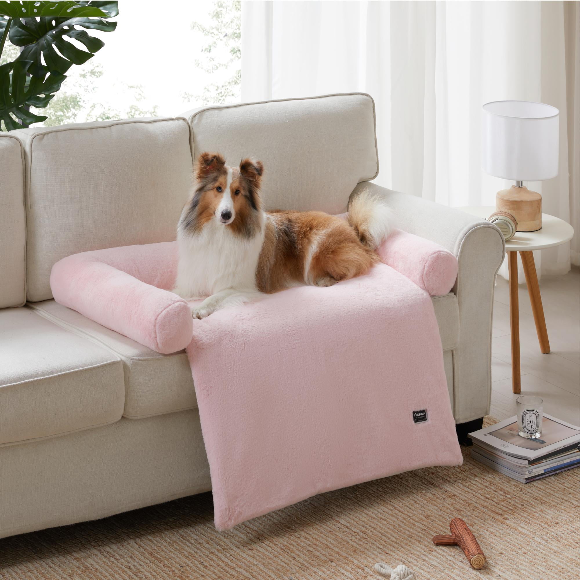 Pink Faux Fur Calming Dog Sofa Protector with Bolster