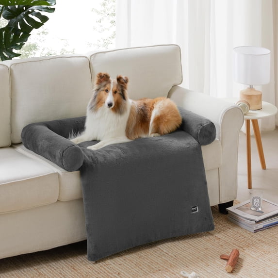 allisandro Calming Furniture Protector Dog Bed with Soft Neck Bolster, Waterproof Faux Fur Couch Cover with Removable Cover, 42 x 38 x 5 Inches, Gray