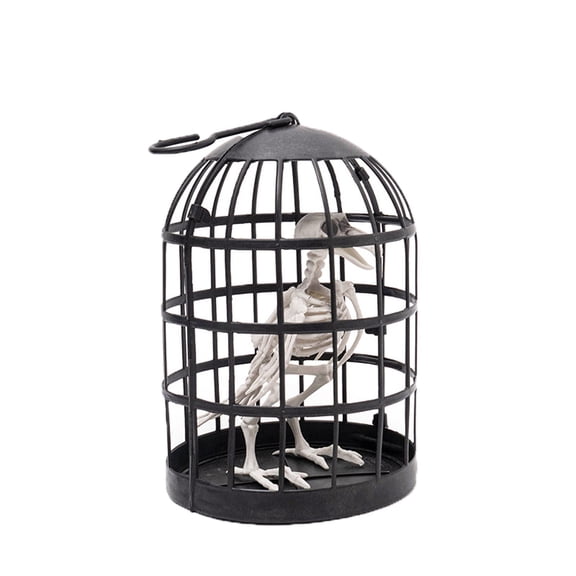 Halloween Birdcage Skeleton Decor - Spooky Crow Skeleton in Metal Cage, Gothic Terrifying Tabletop Decoration for Home, Party, Bar