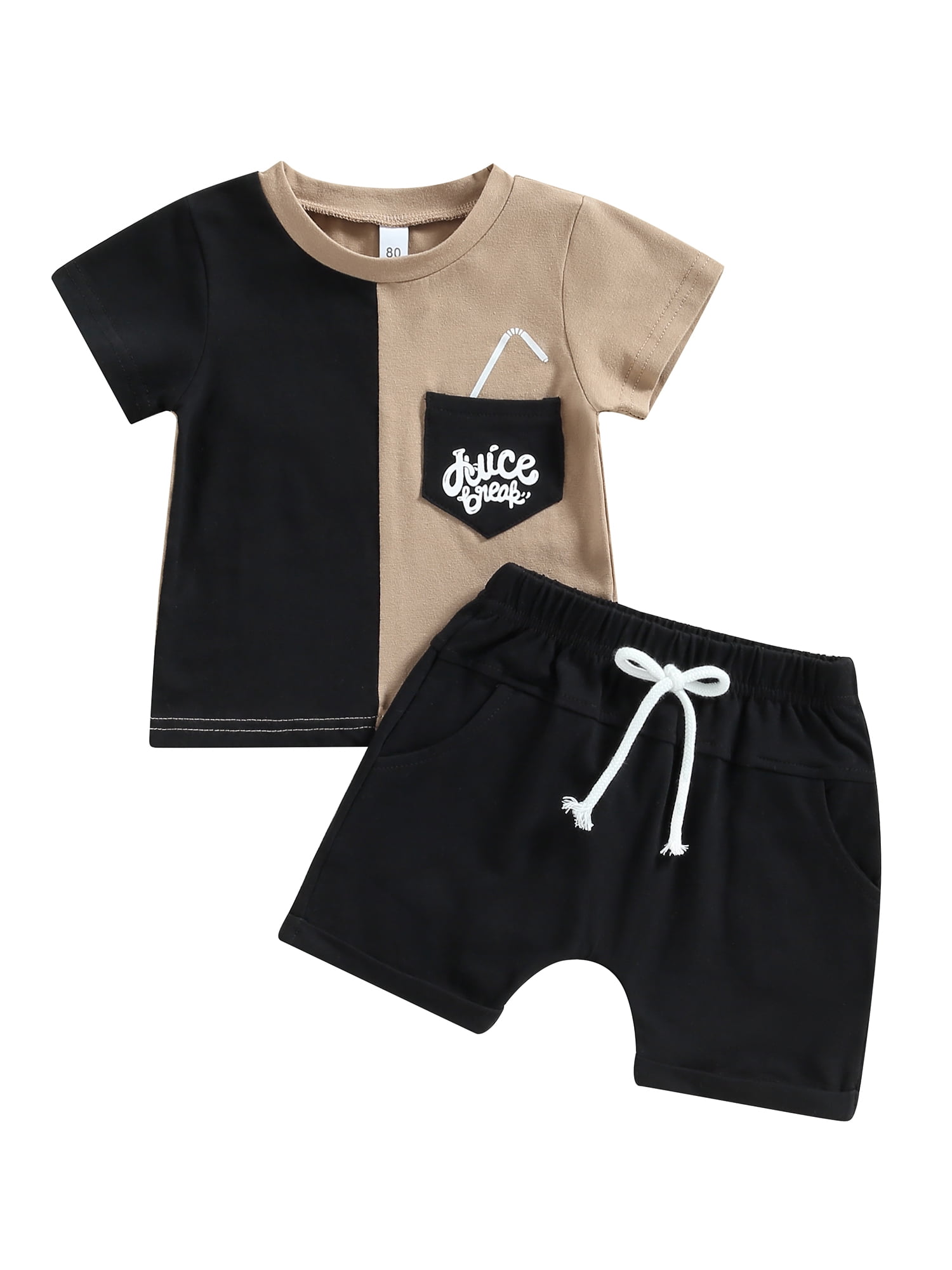 2pcs Toddler Boy Casual Black Tee and Belted Pocket Design Cargo Shorts Set