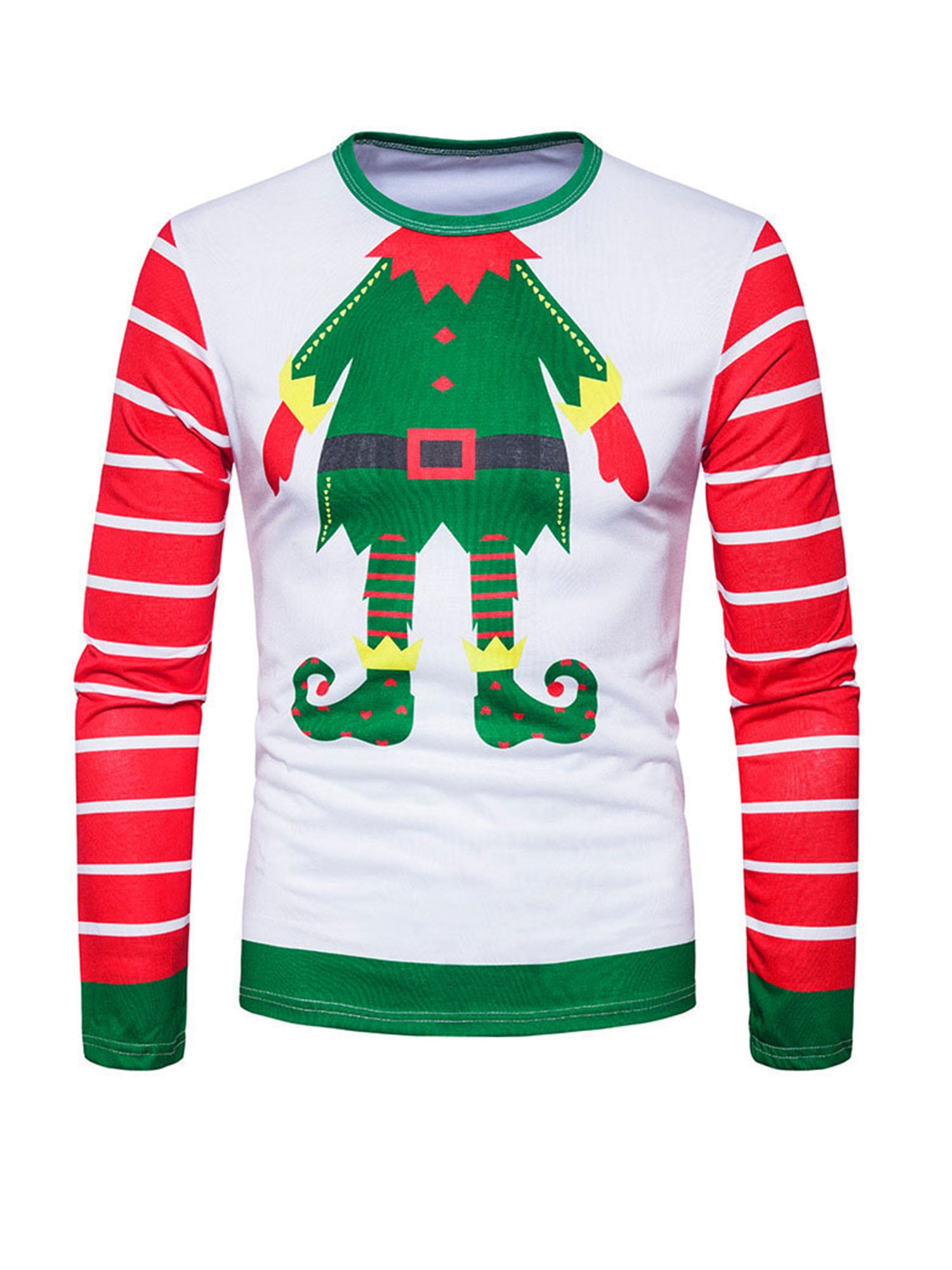 Men Christmas TShirts Santa Elf Pattern Stripe Long Sleeve