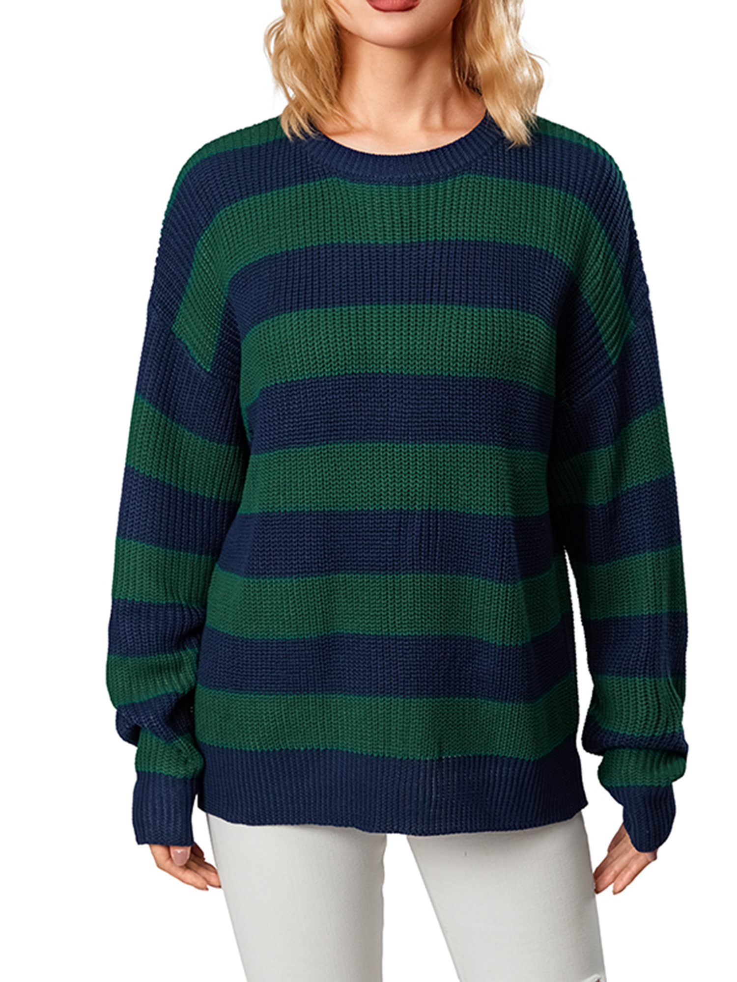 allshope Women Fashion Wild Sweater Contrast Color Stripe Round Neck ...