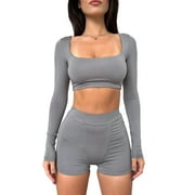 allshope Women Summer Fall Clothes Suit, Solid Color Long Sleeve U-Neck Cropped Tops + High-Waist Slim Shorts